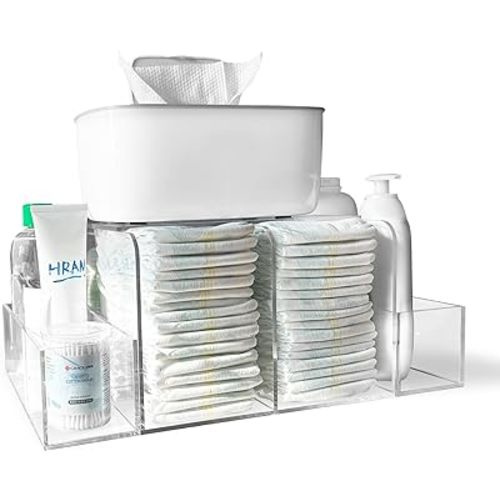 Diaper Caddy, Baby Changing Table Organizer, Detachable Clear Acrylic Diaper Storage for Wipe Dispenser, Wipe Warmer and other Diapering Essentials