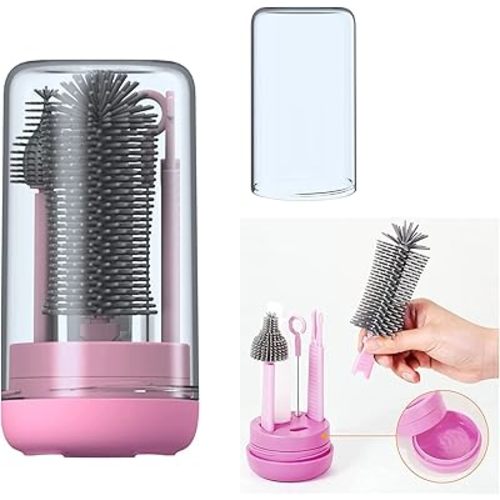 Travel Baby Bottle Brush Set with Liquid Silicone Bottle Brush,Nipple Brush,Straw Cleaner Brush,Baby Bottle Soap Dispenser for Baby Bottle Cleaning, Gift for Newborn Mothers, Cobalt Pink