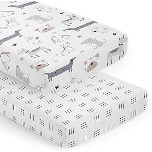 Sweet Jojo Designs Dog Boy Girl Unisex/Gender Neutral Baby Fitted Crib Sheet Set Infant Newborn Nursery Toddler Bed Room Standard Mattress 2pc Grey Taupe Blue Modern Puppy Watercolor Black White Hatch