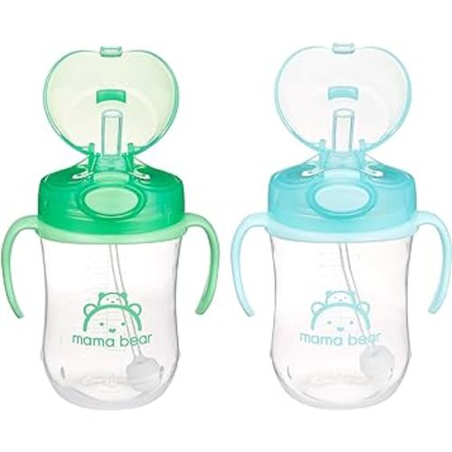 Amazon Brand - Mama Bear Silicone Weighted Straw Sippy Cup, Pack of 2, Blue/Green