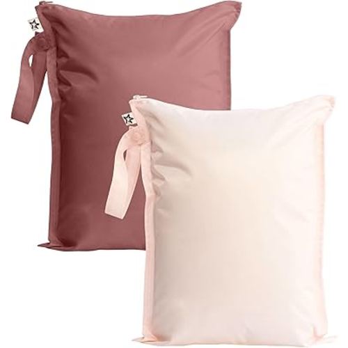 Tiny Twinkle Mess proof Waterproof Wet Dry Bag,2pk Reusable Wet Bags for Swimsuits&Baby Clothes,Leakproof Wet Bag,Waterproof Bag for Travel&Diaper bag,Wet Bags for Baby (Rose, Burgundy)