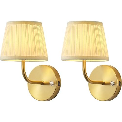 PUSU LED Cordless Gold Small Wall Sconces Set of 2, Rechargeable 5200mAh Battery Operated Fabric Wall Lamp with Remote, Lighting for Living Room, Bedroom, Hallway, Bathroom, Stairs, Kitchen, Cabinet