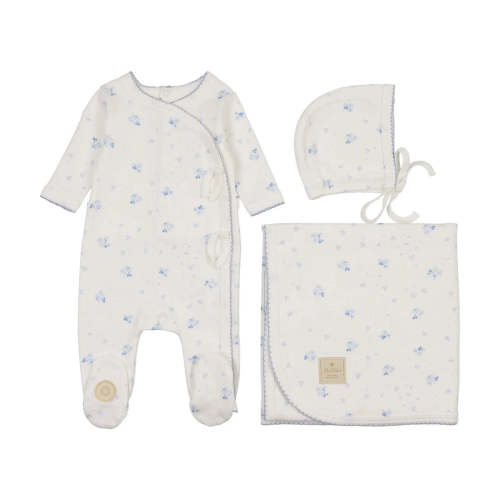 Scattered Blossoms Layette Set in Ivory & Blue