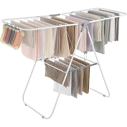 SONGMICS Clothes Drying Rack, with Sock Clips, Metal Laundry Rack, Foldable, Space-Saving, Free-Standing Airer, with 2 Height-Adjustable Gullwings, Indoor Outdoor Use, White and Gray ULLR052W02