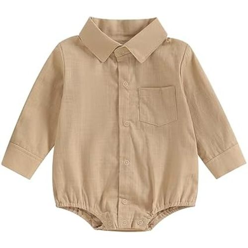 Baby Boy Button Down Shirt Newborn Solid Color Long Sleeve Romper Gentleman Lapel Bodysuit with Pocket