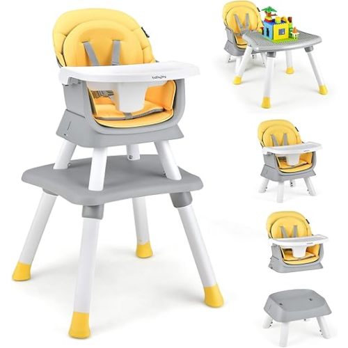 BABY JOY Baby High Chair, 8 in 1 Convertible Highchair for Babies & Toddlers | Booster Seat | Table and Chair Set | Building Block Table | Toddler Chair with Safety Harness, Removable Tray (Yellow)