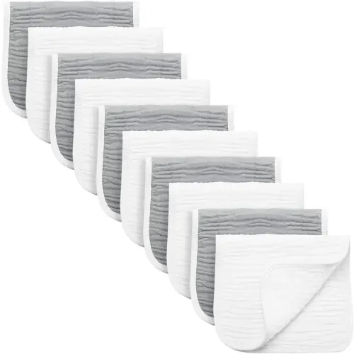 Synrroe Burp Cloths Large, Muslin Burp Cloths for Baby Girls and Boys, Pack of 10 Extra Absorbent and Soft Muslin Bibs, 6 Layers 20 by 10 Inches 100% Cotton (Grey-White 10 Pack)
