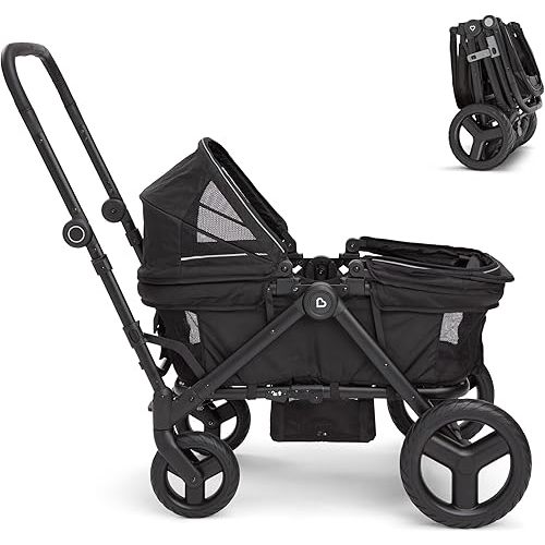 Munchkin Collapsible Wagon for Kids, Foldable, Ultra-Compact and Lightweight Stroller Wagon, All-Terrain Wheels, Adjustable Sun Canopy - Holds Up to 2 Passengers, Black
