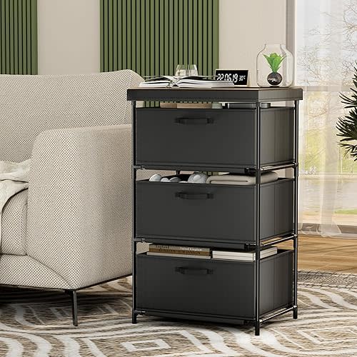 Dresser with 3 Fabric Drawer Solid Wood TV Stand Desktop Sturdy Metal Support Tube Cube Storage Cabinet for Bedroom Organization Dorm Front Hall Entryway (3 Drawer)
