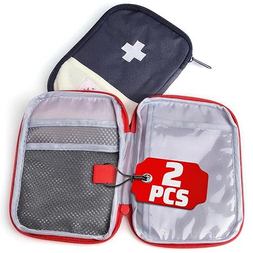 BURIUS 2 Pcs Travel First Aid Bag Empty Portable Storage - Small Medical Bag Empty with Multiple Compartments, 7.1 x 5.1 Small First Aid Pouch with Zipper Closure for Camping and Hiking, Blue and Red