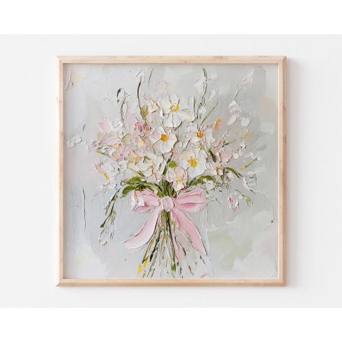 Wildflowers Oil Print Pink Bow Wall Art Flowers Bouquet Painting Neutral Beige Botanical PRINT from an original oil painting