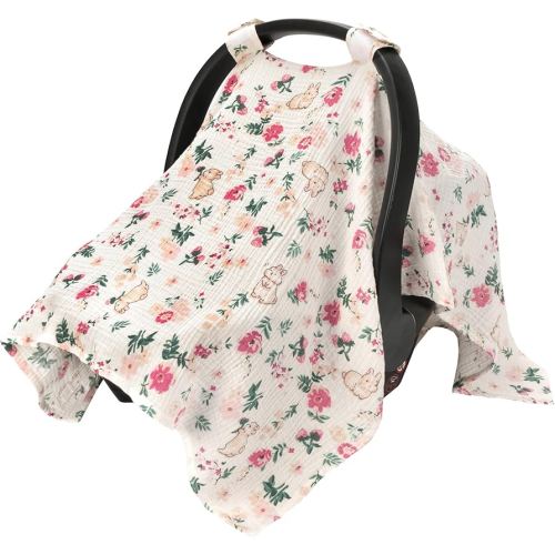 SERAPHY 100% Muslin Cotton Car Seat Covers for Babies, Universal Baby Car Seat Cover, Breathable Muslin Carseat Cover Canopies for Boys and Girls, Soft Infant Car Seat Cover for Summer — Rabbits