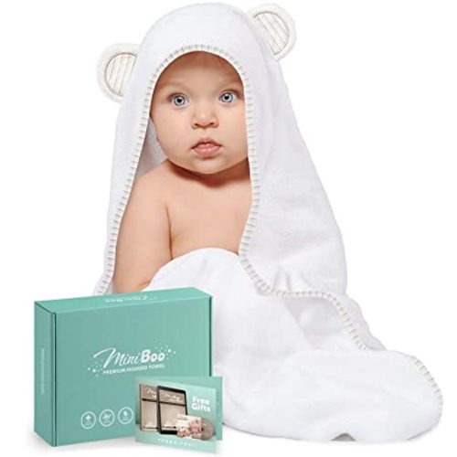MINIBOO Organic Bamboo Baby Hooded Towel – Ultra Soft and Super Absorbent Baby Towels for Newborns, Infants and Toddlers – Suitable as Baby Gifts