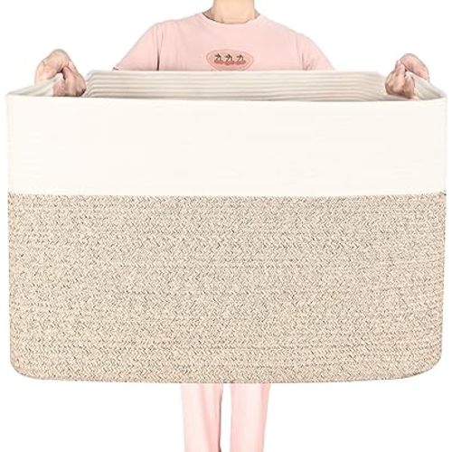 MINTWOOD Design 112L Extra Large Blanket Basket Holder Living Room, 25"x17"x16" Rectangle Rope Woven Storage Basket with Handles for Laundry, Pool Towels, Shoes, Dog Toy Organizer Bin Box, Light Brown