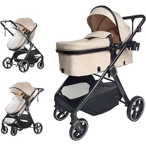 Trenana 2 in1 Baby Stroller,High Landscape Infant Stroller,Reversible Bassinet Stroller,Adjustable Backrest & Canopy,Foldable Aluminum Alloy Anti-Shock for Newborn (620-Khaki)