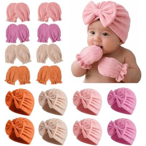 8 Sets Newborn Baby Girl Hats & Mittens, Cotton Preemie Hospital Bow Cap, No Scratch Gloves,Infant Beanies 0-3 Months