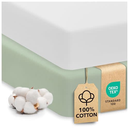 Sweety Fox 2-Pack Crib Sheets - Soft Cotton Jersey Fitted Sheets for Boys and Girls, Mini Crib Sheets, Toddler Bed Sheets (White/Sage)
