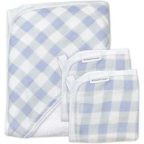 HonestBaby 3-Piece Organic Cotton Hooded Towel & Washcloth Set, Blue Painted Buffalo Check, One Size