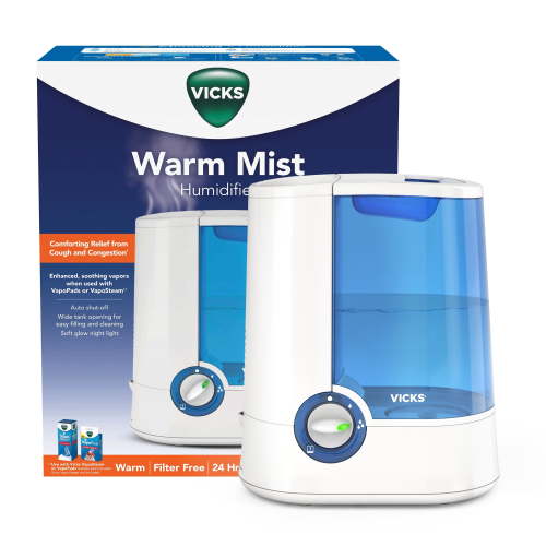 Vicks Warm Mist Humidifier for Bedroom, Filter-Free, 250 sq ft, Blue, V750, Ideal for Cough Relief