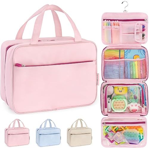 Kids Travel Organizer – Multi-Compartment, Water-Resistant Hanging Bag for Toys, Snacks, & Activities - Compact, Lightweight Design with Hook & Carry Handle - Perfect for Travel Use (Pink, Large)