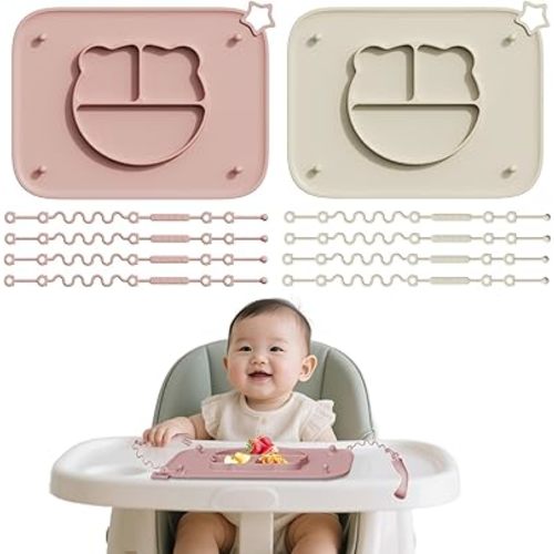 2 Pack Silicone Baby Placemats with Non-Slip Strong Suction Base and Anti-Drop 8 Stretchable Straps, BPA Free Food Grade Silicone Table Mats for Babies Toddlers, High Chair, Dining Tables,Beige+Pink