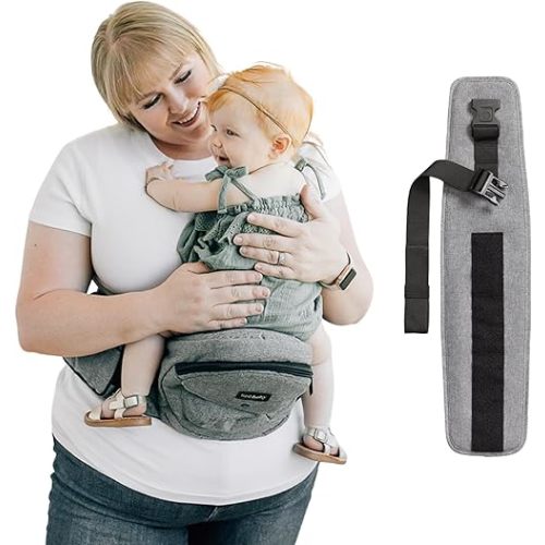 Tushbaby New - Grey Carrier + Extender. Adjustable up to 71" - USA Safety Certified Hip Seat Baby Carrier - Machine Washable, Ergonomic Newborn + Toddler + Child