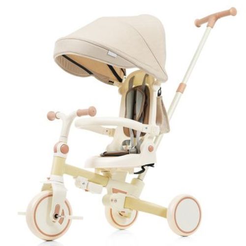 7-in-1 Foldable Toddler Tricycle with Adjustable Parent Handle, Removable Pedal, Canopy & Guardrail, Trike for Kids 12-72 Months, Yellow - Merax