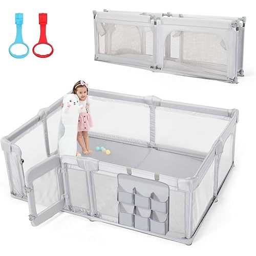 Baby Playpen,79"x59" Foldable Baby Playpen for Babies and Toddlers with Gate,Large Baby Play Pens with Zipper Door,Baby Play Yards Play Area(Grey)