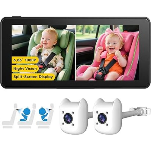 ELECROW Dual Baby Car Camera for 2 Kids - 6.86" 1080P Split-Screen Baby Monitor for CarSeat, 360° Full Rotation, IR Night Vision, Plug & Play Backseat Monitor for Twins & Siblings, Easy Install, Gifts