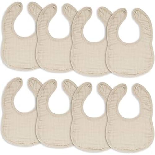 Comfy Cubs Muslin Bibs for Babies, Pack of 8 - Soft and Highly Absorbent, Feeding, Drool and Teething Bib, Adjustable Snaps - Stylish & Colorful Unisex Designs, Giftable Set - Sand