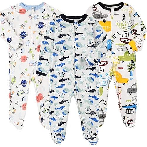 Aablexema Baby Footie Pajamas with Mittens - 3Pcs Infant Footed Sleeper Cotton Sleepwear Outfits
