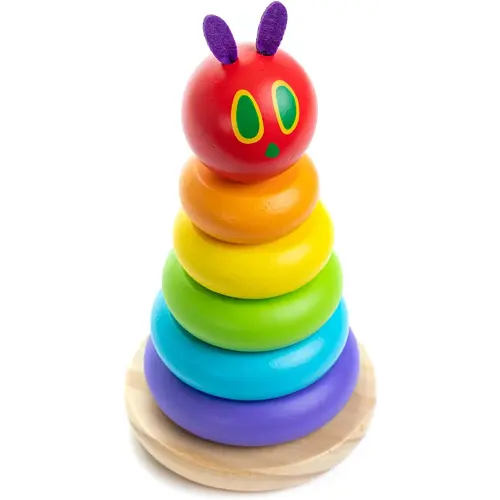 KIDS PREFERRED World of Eric Carle, The Very Hungry Caterpillar Wooden Stacker with Colorful Rainbow Rings, 7 Inch Stacking Solid Wood Educational Developmental Toy –Sorting and Stacking, Multicolor