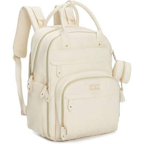 BabbleRoo Leather Diaper Bag Backpack - Baby Essentials Travel Baby Bag, Multi function, Waterproof, with Changing Pad, Stroller Straps & Pacifier Case – Unisex, Eggshell White