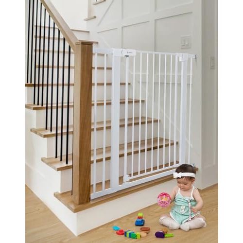 COMOMY 36" Extra Tall Baby Gate for Stairs Doorways, Fits Openings 29.5" to 40.6" Wide, Auto Close Sturdy Safety Dog Gate for House, Pressure Mounted Easy Walk Through Pet Gate with Door, White