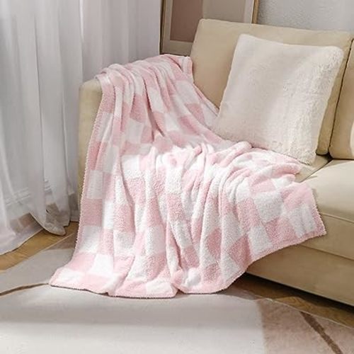 Checkered Throw Blanket, Pink Super Soft Cozy Fluffy Checkerboard Blankets for Couch Warm Microfiber Knit Throw Blanket for Sofa, Bed, Picnic, Travel 50"x60"