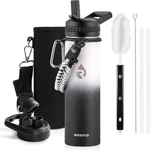 Insulated Water Bottle 24oz, Triple Wall Vacuum Stainless Steel (Cold for 48 Hrs, Hot for 24Hrs), Leak Proof & Non-BPA, 24oz Hydro Water Flask with Paracord Handle & Straw Spout Lids