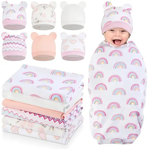 Ramede 6 Sets 100% Cotton Baby Swaddle Blankets Swaddling Wrap with Hats Nursery Receiving Blanket for 0-3 Mouths Unisex Baby Soft Silky & Breathable 31.5x 31.5in(Rainbow,Cute Color)