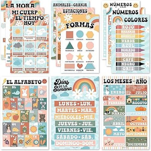 Hadley Designs Spanish Classroom Decorations - 12 Spanish Posters for Classroom Elementary, Abecedario para Niños en Español, Laminated Retro Bilingual Educational Posters 11x17