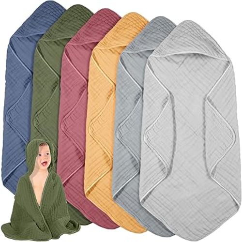 Peryiter 6 Pcs Muslin Hooded Baby Towels, 32"x 32" Cotton Newborn Bath Towel Muslin Infant Baby Blankets Absorbent Unisex Newborn Registry Gift Essentials for Girls Boys (Dark Color Series)