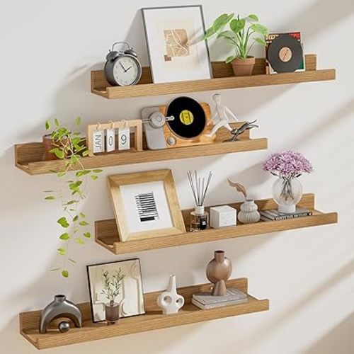 Picture Ledge Shelf,24 inch Long Floating Shelves for Wall Set of 4,Picture Shelf with Lip for Wall Decor,Living Room,Bedroom,Bookshelf,Nursery,Perfume,Oak Color