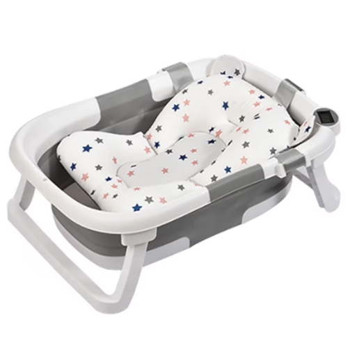Cochildor Foldable Baby Bathtub with Thermometer & Soft Cushion | 0-36 Month Infant to Toddler Bath Tub | Portable Trave Bathtub for Baby, Gray