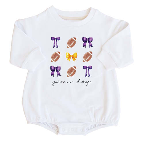Louisiana State University | Footballs & Bows Graphic Sweatshirt Bubble Romper