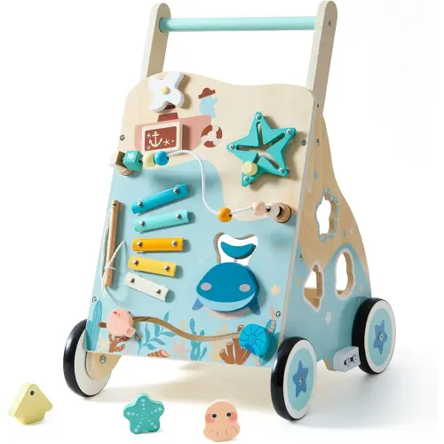 ROBOTIME Wooden Baby Push Walker, Ocean-Themed Wooden Baby Walker with Wheels, Sit-to-Stand Activity Center, Push Toy for Toddlers, for Boys and Girls