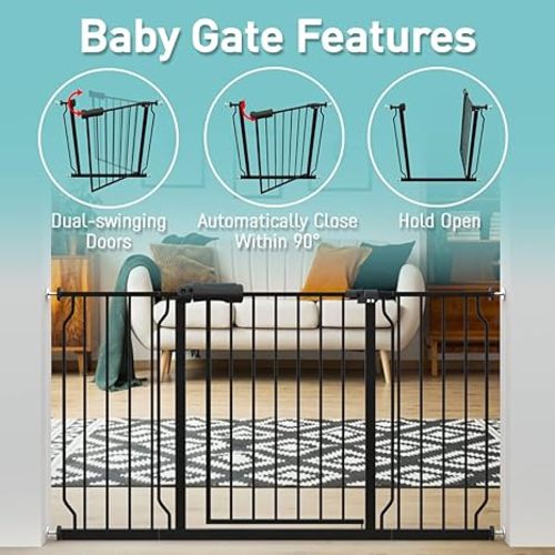 WAOWAO Baby Gate 66.93-71.65inch Extra Wide Pressure Mounted 67 68 69 70 71 Inches Walk Through Swing Auto Close Safety Black Metal Toddler Kids Child Dog Pet Puppy Cat for Stairs, Doorways, Kitchen - 66.93-71.65"/170-182cm