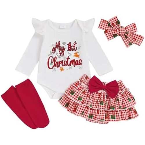 My First Christmas Baby Girl Outfit Letter Print Romper Ruffle Skirt Shorts Set Newborn Fall Winter Clothes 0-18M