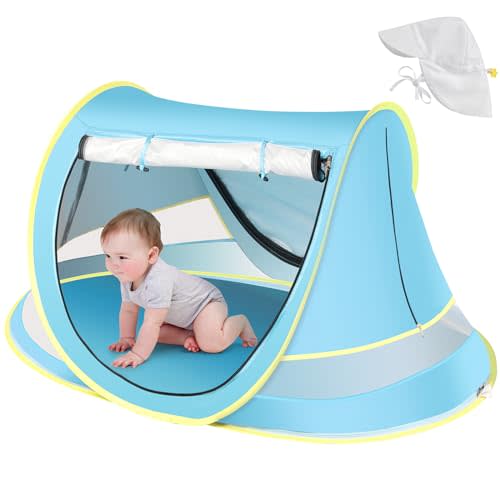 Baby Beach Tent with Baby Hat, Pop Up Toddler Travel Tent with Sun Hat for Boys or Girls, Sun Shade for Toddler Camping, Infant Portable Sun Shade, Summer Beach Baby (Blue Baby Tent with Hat)