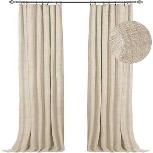 100% Blackout Shield Full Blackout Curtains for Bedroom 84 inch Length 2 Panels Set, Clip Rings/Rod Pocket Faux Linen Black Out Curtains for Living Room, Thermal Insulated, 50Wx84L, Natural Flax