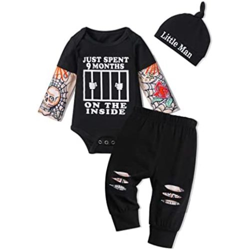 Baby Boy Clothes Tattoo Sleeve Funny Romper Bodysuit+Pants 3PCS Infant Outfits Set