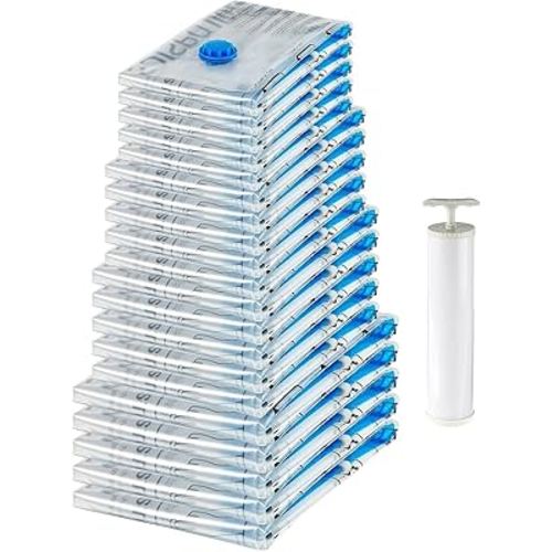 Amazon Basics Vacuum Compression Zipper Storage Bags with Hand Pump, 20 Pack (5 Small, 5 Medium, 5 Large & 5 Jumbo), Multiple Size, Clear