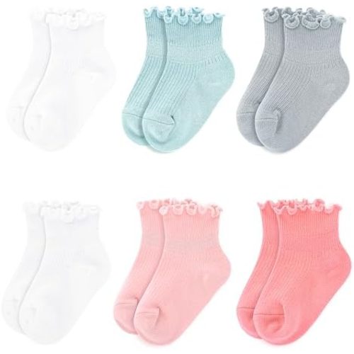Baby Girls Ruffle Socks Toddler Girls Frilly Dress Crew Socks for 6-12 Months 1-3 Years 3-5 Years 6 Pack